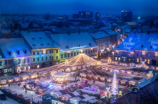 Sibiu, Romania - December 12, 2018. Traditional Christmas market in the historic center of Sibiu city, Transylvania, Romania.