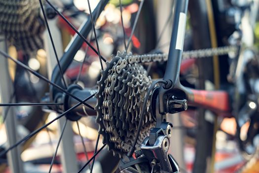 Closeup rear cassette and chain of the road bike
