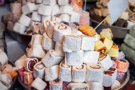 Colorful jelly mix sugar roll up sweet jelly and flavor fruit at the market