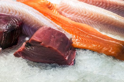 fresh sliced of salmon on ice