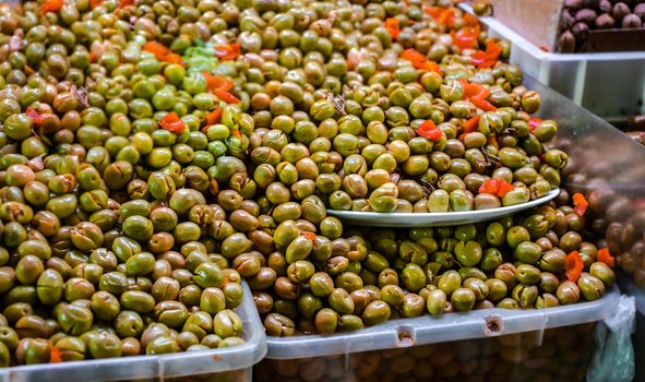 Green olives at a market stall
