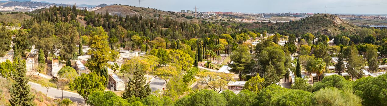 Malaga, Spain - February 24, 2018. Panorama view over the Malaga Park Cemetery