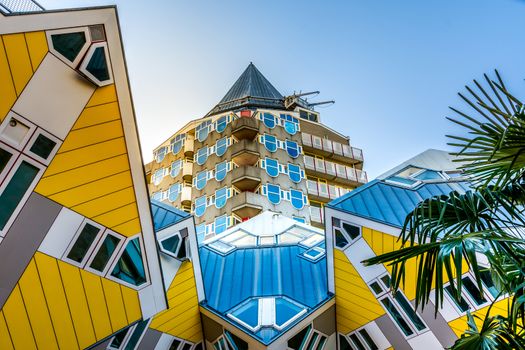 Cube houses (Kubuswoningen) and Blaaktoren (Het Potlood) architecture, both designed by architect Piet Blom. Travel and Tourism