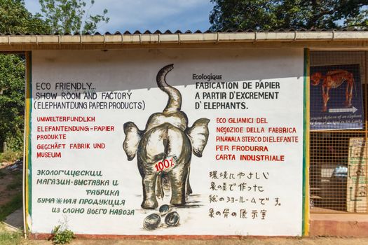 SRI LANKA - Circa 2014: Promotional wall for a small local factory that is crating eco friendly paper from elephant dung. Concept of eco bio planet friendly products.