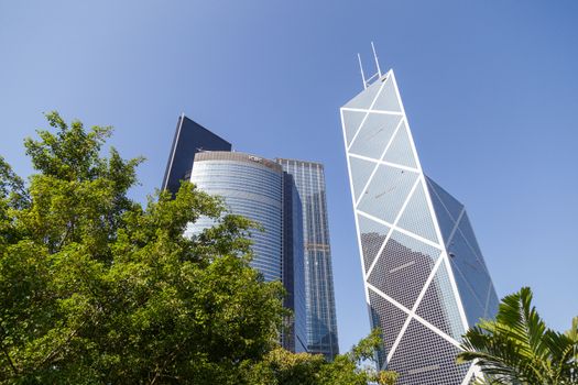 HONG KONG, CHINA - CIRCA 2020: Bank of China Tower and ICBC building, bottom view. Concept of modern city and architecture