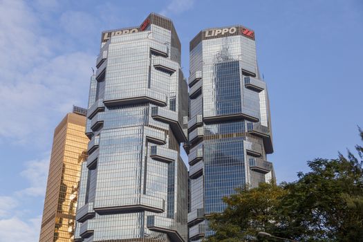 HongKong, China - November, 2019: The Lippo centre twin towers, iconic modern architecture buildings in Hong Kong.