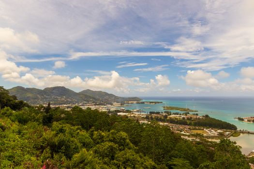 Beautiful view of Seychelles on a cloudy warm day. Concept of tourist islands.