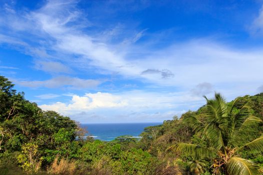 Beautiful view of Seychelles on a cloudy warm day. Concept of tourist islands.