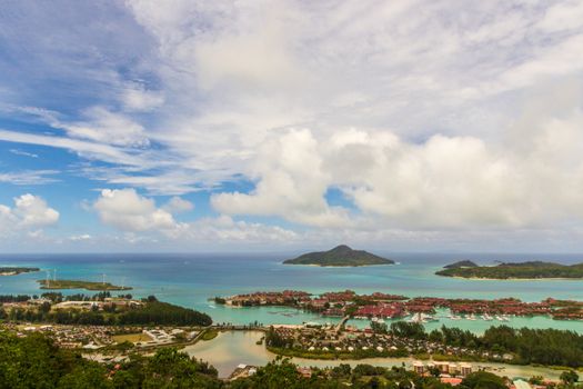 Beautiful view of Seychelles on a cloudy warm day. Concept of tourist islands.