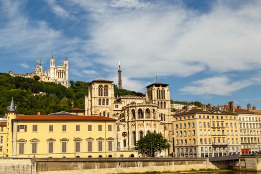 Lyon, France - CIRCA 2019: Picturesque historical Lyon Old Town buildings on the bank of Saone River. Lyon, Region Auvergne-Rhone-Alpes, France.