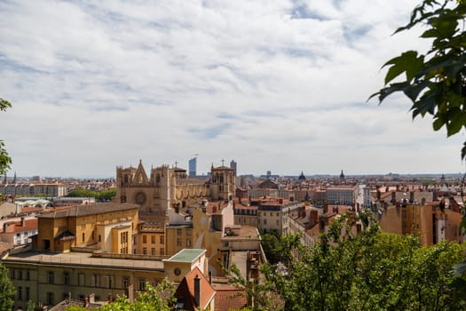 Lyon, France - CIRCA 2019: Picturesque historical Lyon Old Town buildings on the bank of Saone River. Lyon, Region Auvergne-Rhone-Alpes, France.