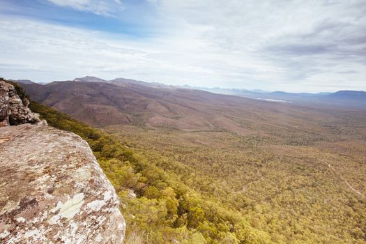 The view from Reeds Lookout and fire tower at sunset in the Grampians, Victoria, Australia