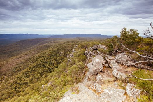 The view from Reeds Lookout and fire tower at sunset in the Grampians, Victoria, Australia