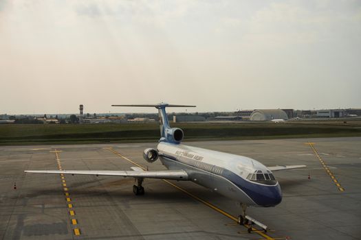 BUDAPEST, HUNGARY, CIRCA 2020: View of a grounded airplane from Hungarian airline Malev (MA) at the Budapest Ferenc Liszt International Airport (BUD) (formerly Budapest Ferihegy)