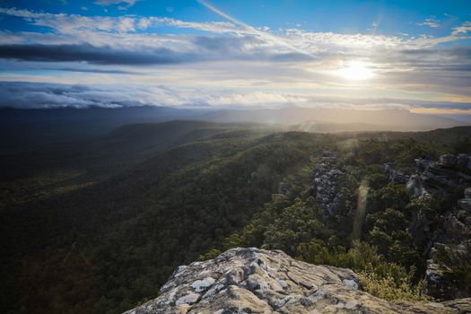 The view from Reeds Lookout and fire tower at sunset in the Grampians, Victoria, Australia