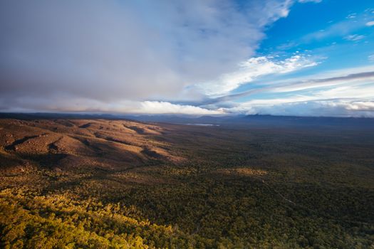 The view from Reeds Lookout and fire tower at sunset in the Grampians, Victoria, Australia