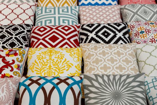 Moroccan arabic, colorful cushions in a street shop in Dubai souk souq