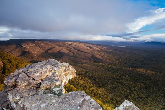 The view from Reeds Lookout and fire tower at sunset in the Grampians, Victoria, Australia