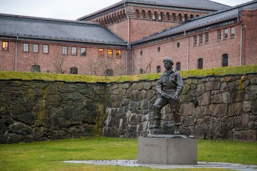 OSLO, NORWAY, .CIRCA 2020: A view of the monument to Max Manus, a partisan fought in the Norway Resistance movement, at Akershus Slott, Oslo's medieval castle and fortress.