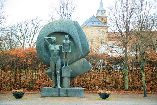 OSLO, NORWAY, .CIRCA 2020: The National Monument for the victims of World War 2 at Akershus fortress, Oslo. Sculpture by Gunnar Jansson.