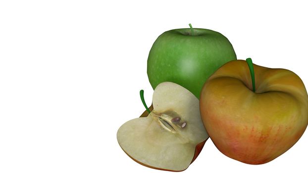 Red apple and green apple isolated on white background with copy space for texture. 3D illustration