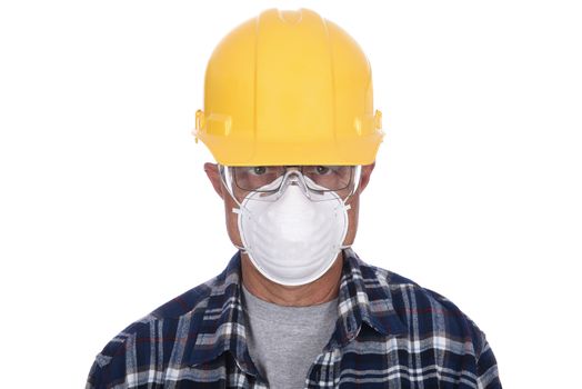 Closeup Construction Worker wearing protective gear, helmet and goggles.