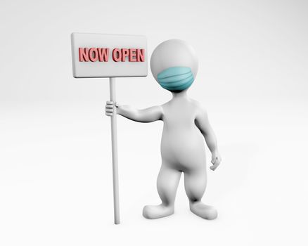 Fatty man with a mask reopening business 3d rendering isolated on white. Concept for merchants reopening with safety measures