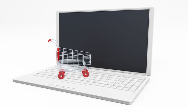 Shopping Cart on a laptop online shopping concept 3d rendering isolated on white