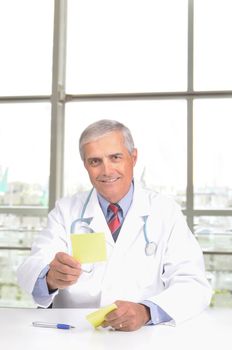 Middle Aged Male Doctor in Lab Coat with Stethoscope and Prescription Pad in modern office setting vertical format