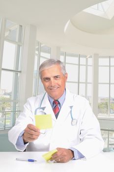 Smiling middle aged doctor in lab coat handing a prescription towards the camera. Man is seated in a modern office in vertical format.