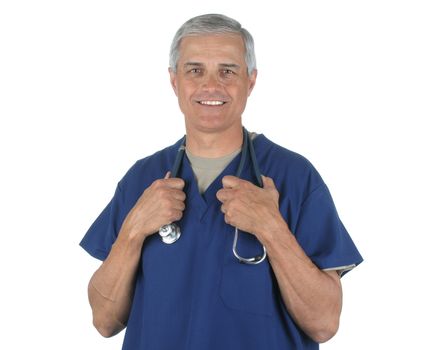 Middle Aged Male Doctor in Scrubs Holding on to Stethoscope around his neck isolated on white