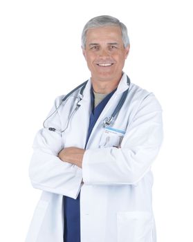 Middle Aged Male Doctor in Lab Coat and Scrubs with Arms Folded and Stethoscope around his neck isolated on white
