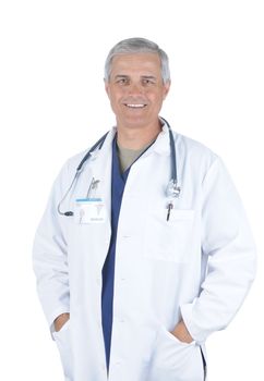 Middle Aged Male Doctor in Lab Coat and Scrubs with hands in pockets  and Stethoscope around his neck isolated on white