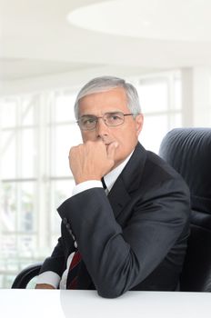 Smiling middle aged businessman seated at a desk in a modern office building. Vertical format with mans face resting on his hand.