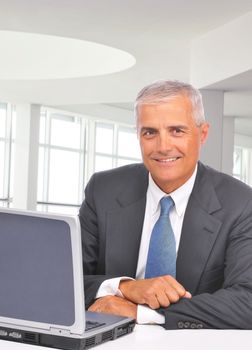 A middle aged businessman sitting at his desk in a modern office with laptop. Man is smiling at the camera. Vertical format.