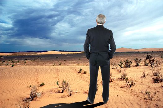 A middle aged businessman stranding in the desert. Man is wearing a suit and seen from behind with his hands in his pockets.