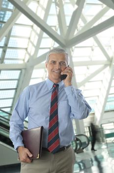 Middle Aged Businessman Talking On Cell Phone in Lobby of Modern Building