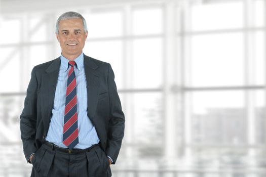 A mature businessman standing in a modern office with his hands in his pockets. Horizontal format with copy space.