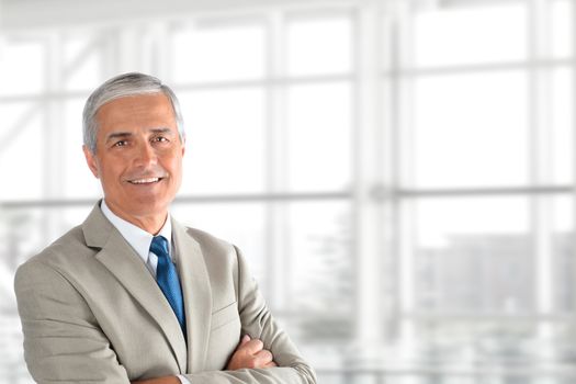 Mature smiling business manager crossing his arms in front of a large office window. Horizontal format with copy space.