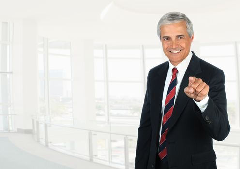 Mature businessman standing in a high key office setting pointing at the camera.