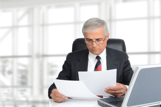 Closeup of a senior businessman looking at documents seated at his desk in modern office interior. Horizontal format with copy space.
