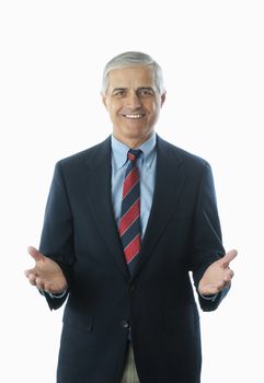 Middle Aged Businessman in Blue Blazer and Khaki Trousers with hands extended vertical format isolated on white