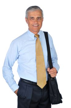 Middle aged Business man with computer bag over his shoulder on white background