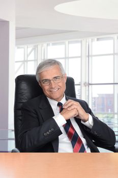 Smiling middle aged businessman with his hands together seated at a desk in a modern office building. Vertical format.