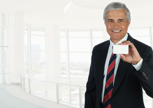 A mature businessman in high key office setting holding a blank business card.