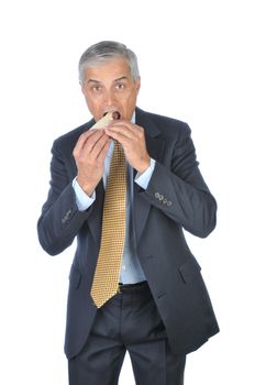 Businessman holding sandwich isolated on white