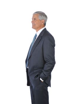 Profile of Standing Businessman with hands in pockets isolated on white