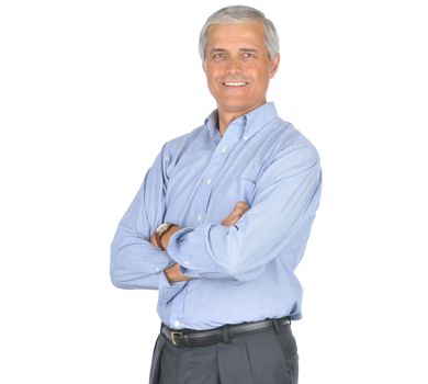 Mature Businessman Wearing Blue Shirt With His Arms Folded isolated on white