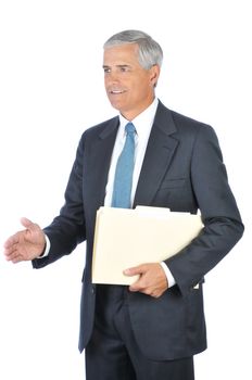 Smiling Businessman Holding a File Folder Ready to Shake Hands isolated on white