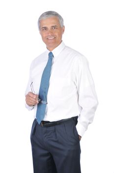 Smiling businessman holding his glasses isolated over white
